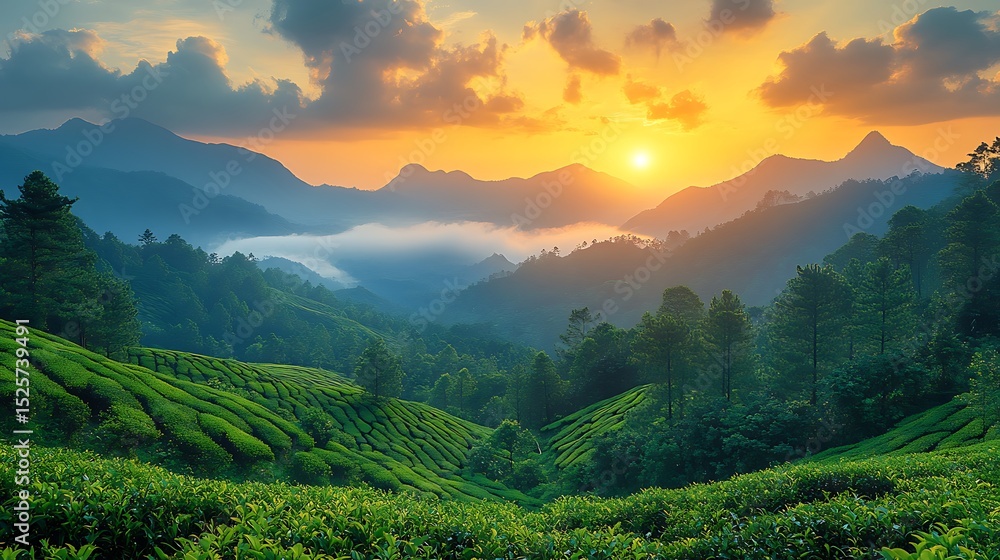 Sunset over tea plantation valley Sunset over tea plantation valley