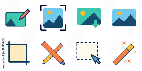 Set of graphic user interface icons for photo editing applications, showing image selection, cropping, annotation, and retouching tools