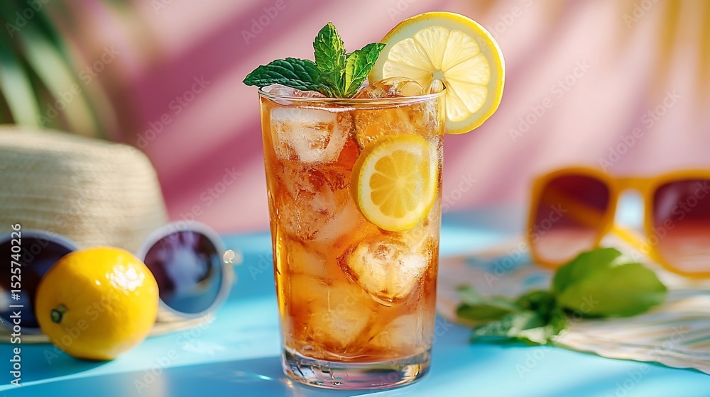 Fototapeta premium Refreshing iced tea with lemon and mint on a vibrant summer day setting