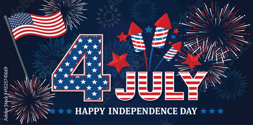 Fourth of July banner. American Independence Day vector illustration. 4 July letters voluminous inflated from balloon. Greeting card and poster design with US flag and fireworks on dark background