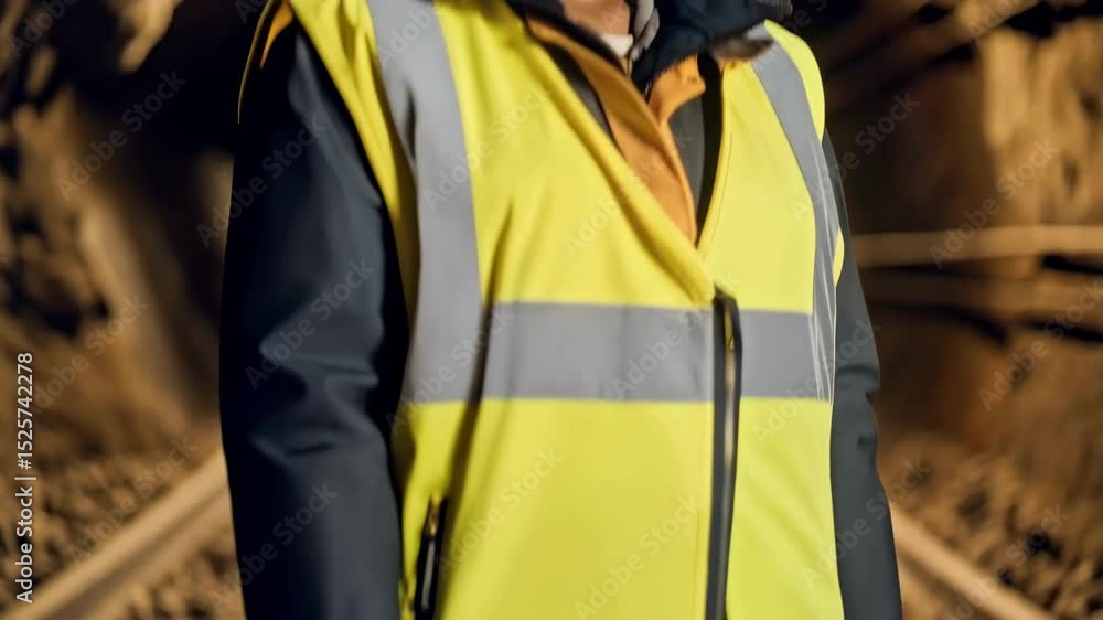 Smiling woman worker with hardhat and safety vest in dark cave tunnel smiles at the camera with confident expression working. Smiling woman worker with hardhat and safety vest in dark cave tunnel smiles at the camera with confident expression working.