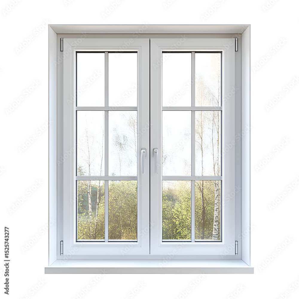 Fototapeta premium White DoubleHung Window with Grilles, Spring Landscape View