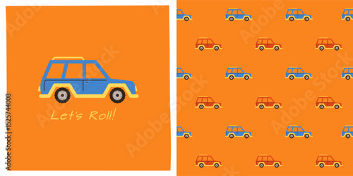 Car jeep suv cartoon seamless pattern. Hand drawn cute automobile car kid endless boundless background design. Simple children funny auto transport comic repeat print wallpaper vector illustration