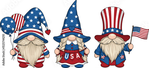 Patriotic Gnome with fireworks and hand lettering sigh 4th of July. Scandinavian Nordic Gnomes celebrate Independence day USA. For greeting card, invitation, banner, web design. Vector illustration