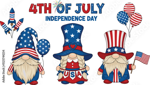 Patriotic Gnome with fireworks and hand lettering sigh 4th of July. Scandinavian Nordic Gnomes celebrate Independence day USA. For greeting card, invitation, banner, web design. Vector illustration