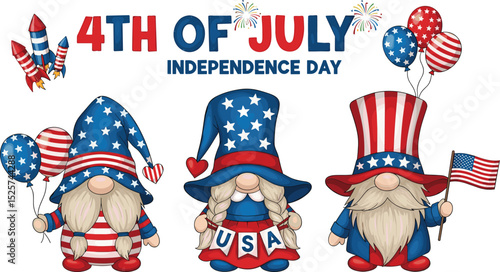 Patriotic Gnome with fireworks and hand lettering sigh 4th of July. Scandinavian Nordic Gnomes celebrate Independence day USA. For greeting card, invitation, banner, web design. Vector illustration