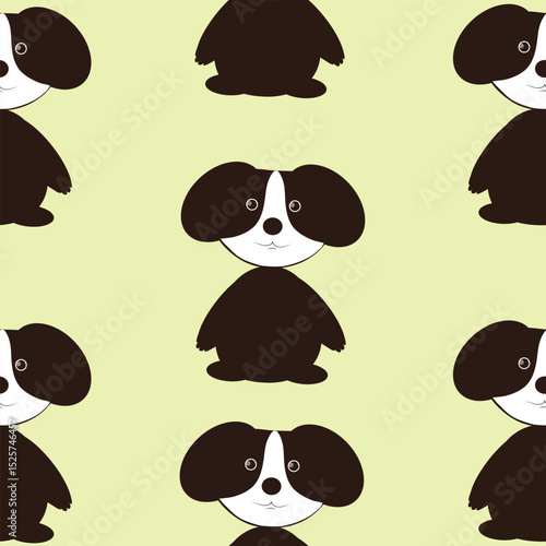 Playful seamless pattern with adorable cartoon-style dogs on a soft green background. Ideal for children's products, pet-themed items, fabric design, nursery decor, and gift packaging. Fully editable 