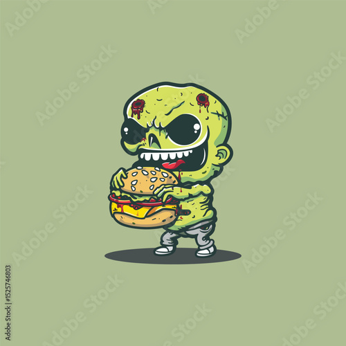 Zombie eating burger logo illustration design template