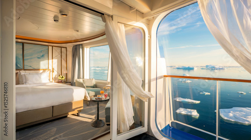 Luxurious cruise cabin featuring soft linens, elegant furniture, and a window view of icebergs floating in the North Arctic Ocean under a sunny sky