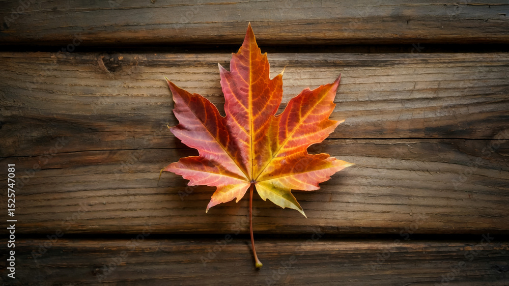 Obraz premium Close-up of a vibrant red maple leaf resting on weathered dark wood, highlighting textures and colors that represent autumn and seasonal change. Perfect for autumn postcards and seasonal designs.