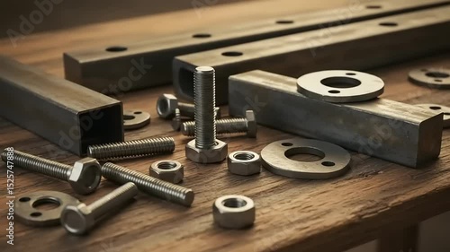 Wallpaper Mural A close-up view of assorted metal fasteners and components arranged on a wooden workbench Torontodigital.ca