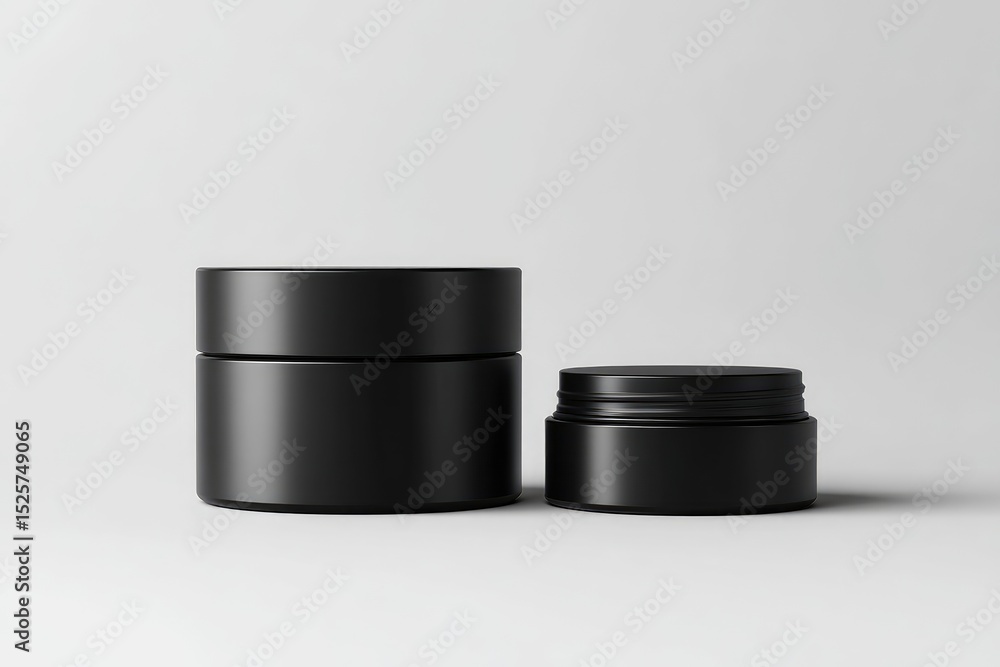 Two black matte cylindrical cosmetic jars on a light gray surface Two black matte cylindrical cosmetic jars on a light gray surface