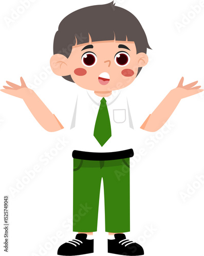 Surprised Schoolboy: Open Arms, Green Tie, Cartoon Style.