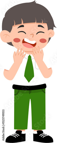 Joyful Schoolboy: Hands on Cheeks, Green Tie & Pants, Cartoon Style