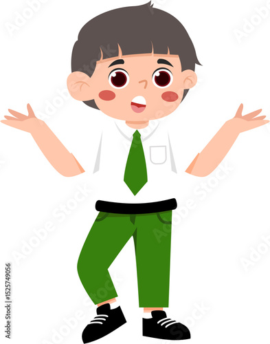Surprised Boy in Green Uniform: Open Arms, Cartoon Style, Isolated on White Background