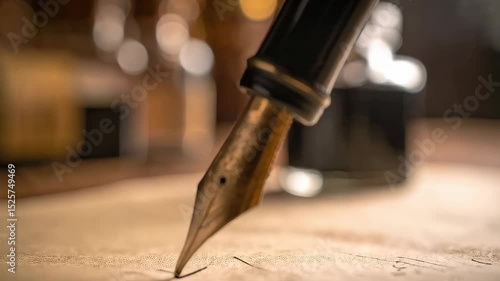 Closeup of vintage fountain pen writing on aged paper, ink bottle in soft focus in background, warm tone