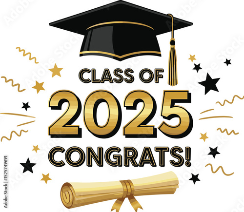 Class of 2025 Congrats greeting sign with academic cap and diploma. Congrats Graduated. Congratulating banner. Handwritten brush lettering. Isolated vector text for graduation design, card