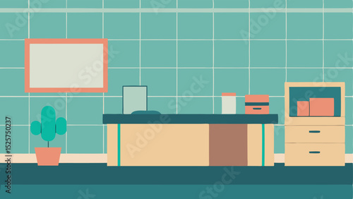 Minimalist office interior design with a desk and picture frame in a modern aesthetic