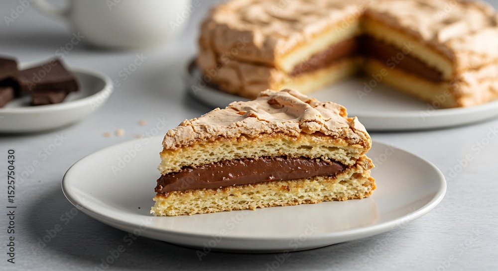 Chocolate Meringue Cake Slice: A delectable slice of chocolate meringue cake, featuring layers of light and airy meringue and rich chocolate filling, sits on a plate, ready to be enjoyed. Chocolate Meringue Cake Slice: A delectable slice of chocolate meringue cake, featuring layers of light and airy meringue and rich chocolate filling, sits on a plate, ready to be enjoyed.