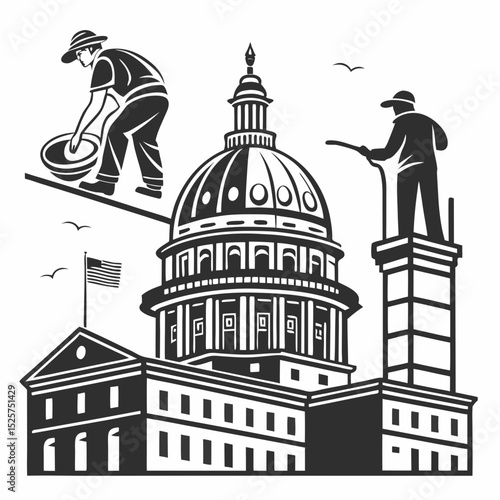 Capitol building maintenance workers cleaning and repairing
