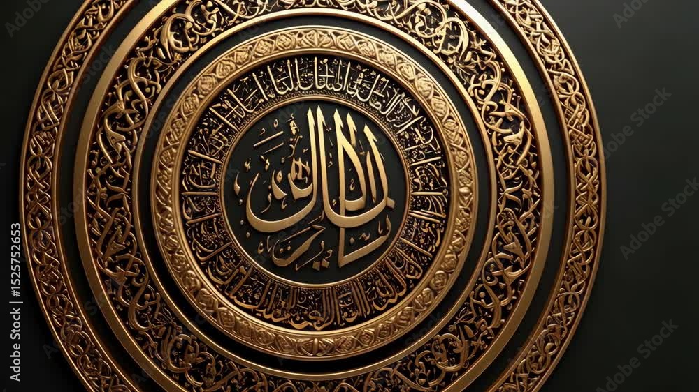 Circular Islamic art featuring golden Arabic script, decorative borders, and a dark background for religious themes and traditional design Circular Islamic art featuring golden Arabic script, decorative borders, and a dark background for religious themes and traditional design