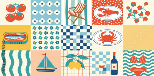 Mediterranean food seamless pattern. Cute hand drawn patchwork print with sardine, seafood, lobster, Italian tiles, checkered elements, lemon, wine, sailboat. Summer vacation mood. Vector background.