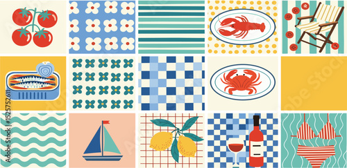Mediterranean food seamless pattern. Cute hand drawn patchwork print with sardine, seafood, lobster, Italian tiles, checkered elements, lemon, wine, sailboat. Summer vacation mood. Vector background.