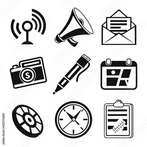 Communication icons set media news broadcast