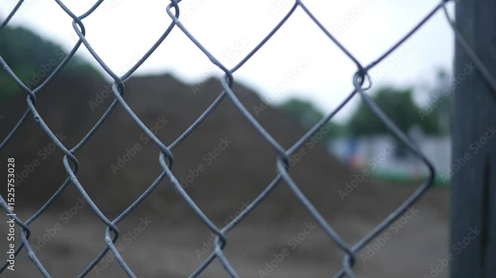 Camera Pans Across Blurry Construction Site Through Chain Link Fence Camera Pans Across Blurry Construction Site Through Chain Link Fence