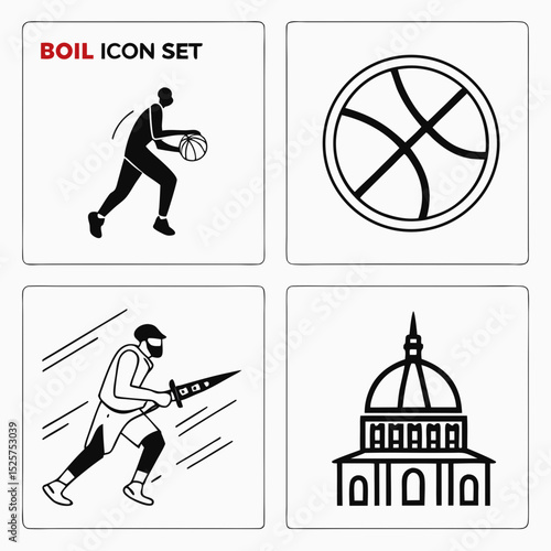 Diverse icon set basketball player building demolition dribbling