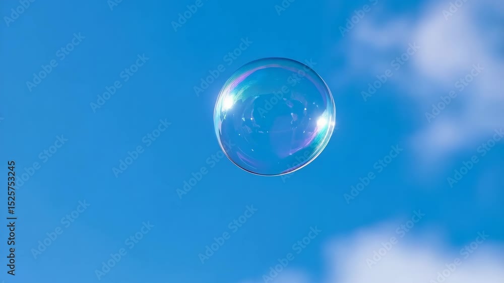 Iridescent soap bubble gently floating in the air against bright blue sky with few fluffy white clouds creating whimsical scene. Iridescent soap bubble gently floating in the air against bright blue sky with few fluffy white clouds creating whimsical scene.