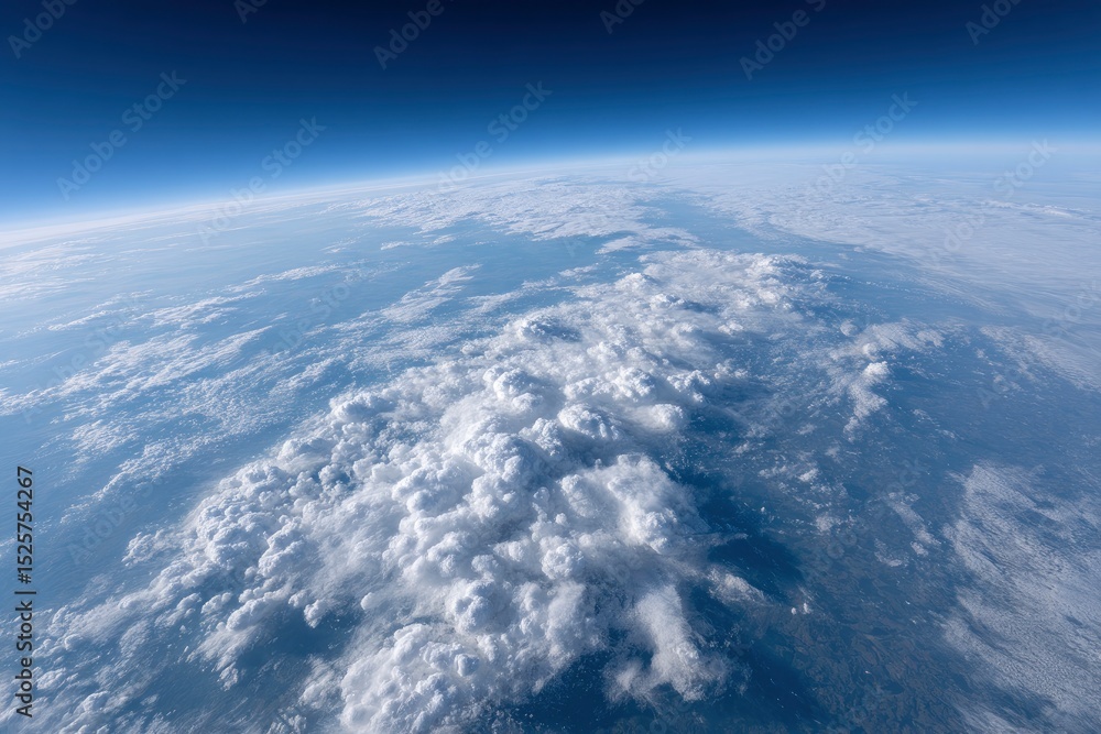 Naklejka premium The Earths curved horizon captured from a high altitude is seen with a dense cloud cover and a dark blue sky above