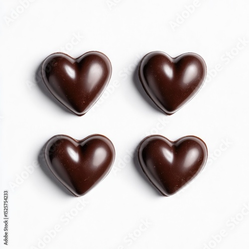 Four dark chocolate heart-shaped candies arranged in a 2x2 grid on a white background, showcasing a glossy sheen