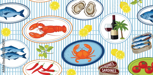 Blue striped Mediterranean summer seamless pattern. Cute Italian cuisine, lobster, crab, sardine, wine, tomatoes in postage stamps or plates. Vector repeat background, textile design, wallpaper print