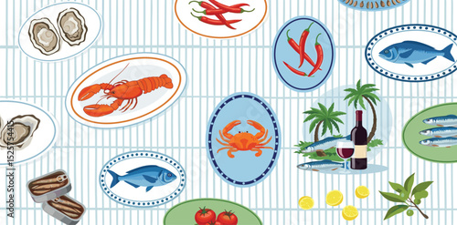 Blue striped Mediterranean summer seamless pattern. Cute Italian cuisine, lobster, crab, sardine, wine, tomatoes in postage stamps or plates. Vector repeat background, textile design, wallpaper print