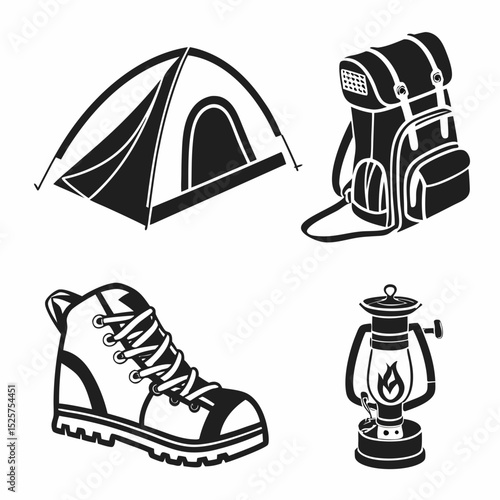 Camping gear icons tent backpack boots lantern