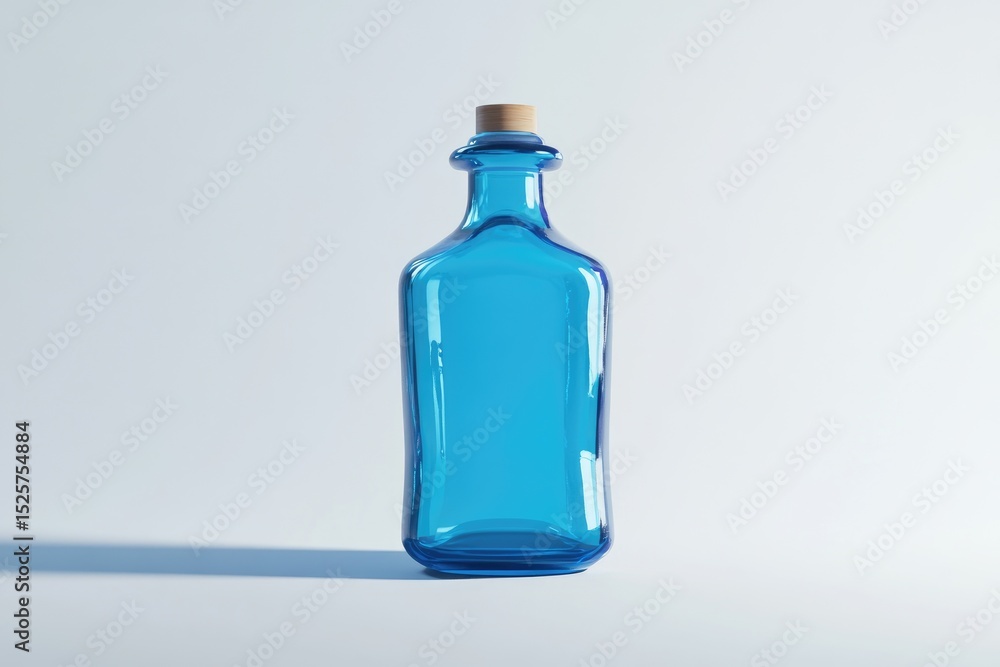 A vibrant blue glass bottle with a light brown cork stopper, standing on a bright, minimalist background, casting a subtle shadow A vibrant blue glass bottle with a light brown cork stopper, standing on a bright, minimalist background, casting a subtle shadow