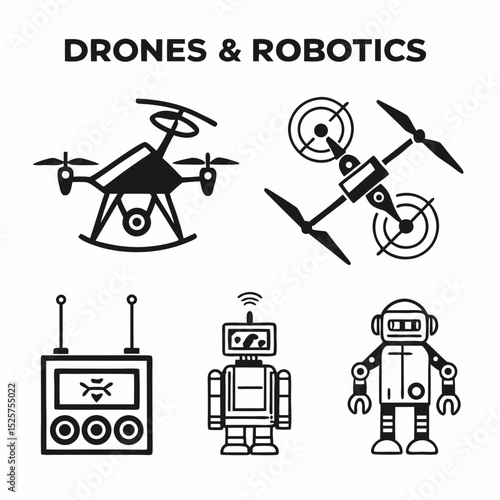 Professional drone robotics icons set transparent background