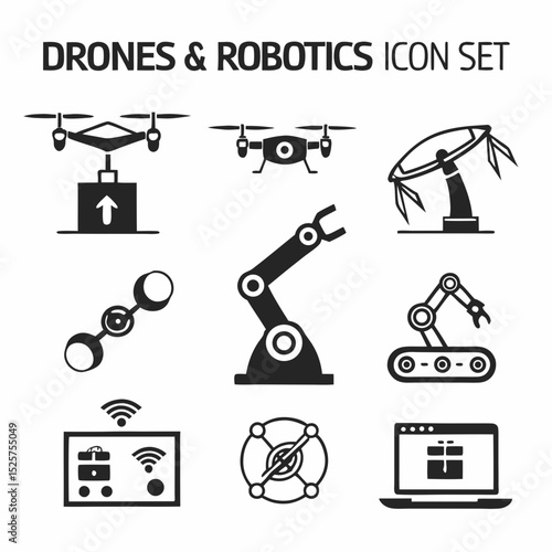 Professional drone and robotics icon set, isolated cutouts