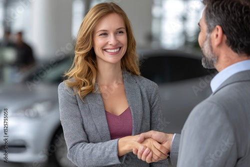 Two business people shaking hands in a car showroom