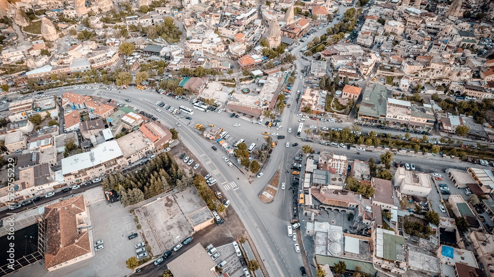 Fototapeta premium Aerial Panorama of Göreme and hot air ballon, Cappadocia, Turkey