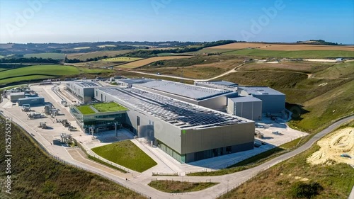 Modern data center complex nestled in a rural landscape.  Features sustainable design elements, including solar panels and green roofs