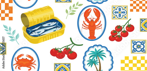 Mediterranean summer seamless pattern. Cute ceramic tile ornament, Italian coastal food, lobster sardine, checkered elements, palms. Vector colorful mosaic Portuguese wallpaper, background, textile.