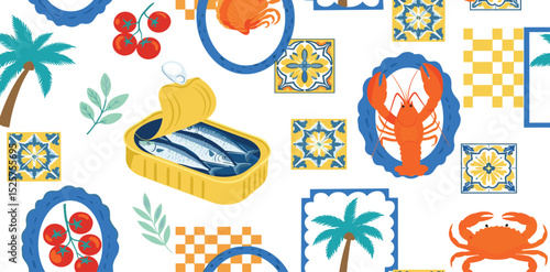 Mediterranean summer seamless pattern. Cute ceramic tile ornament, Italian coastal food, lobster sardine, checkered elements, palms. Vector colorful mosaic Portuguese wallpaper, background, textile.