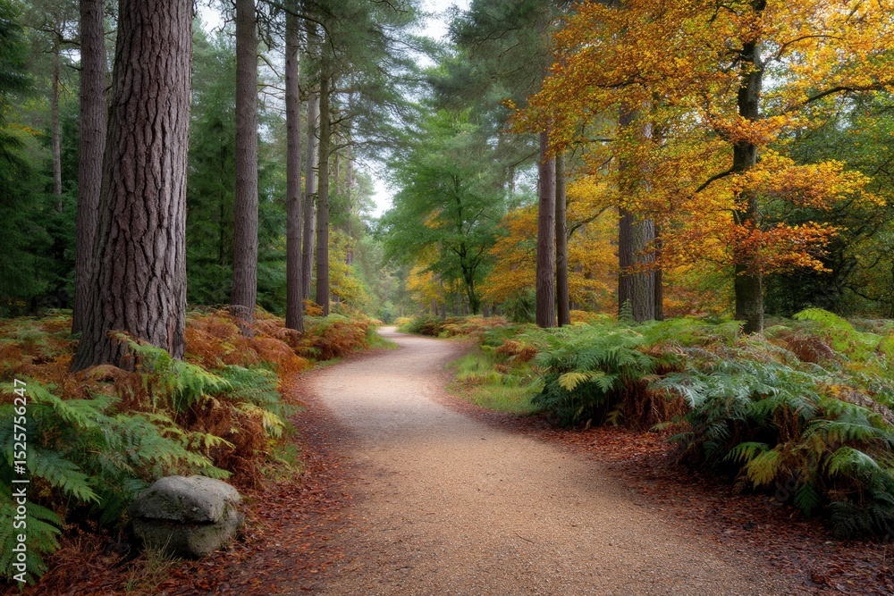 Fototapeta premium Winding dirt path through a forest with ferns and tall trees some with yellowing leaves