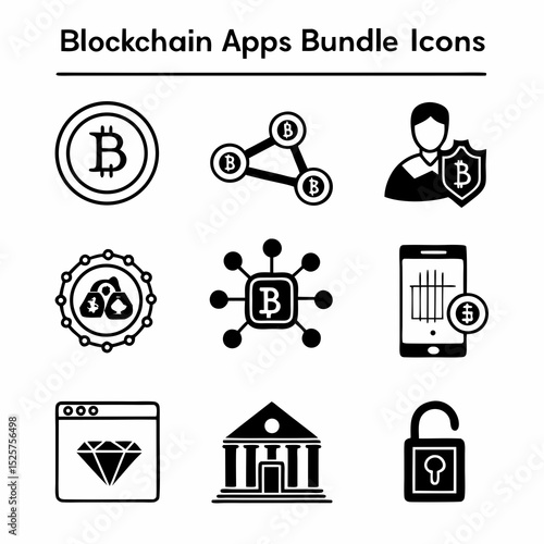 Blockchain apps bundle nine icon set digital assets