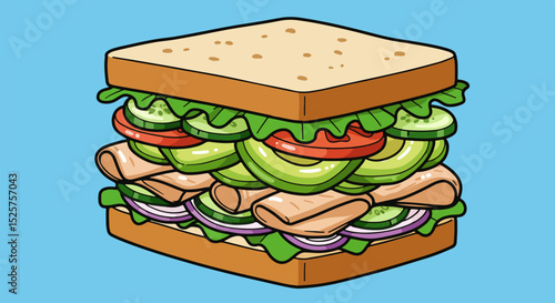 Close-up illustration of a hearty sandwich with turkey, tomatoes, lettuce, cucumbers, and onions on toasted whole-grain bread