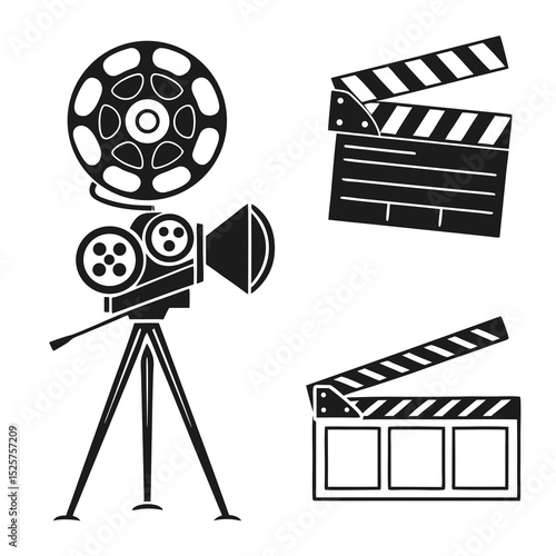 Filmmaking icons movie camera clapperboard reel