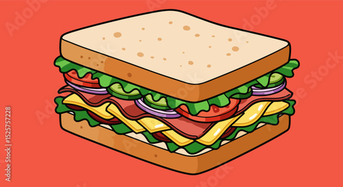 Illustration of a sandwich with lettuce, tomato, and cheese on toasted bread with sesame seeds