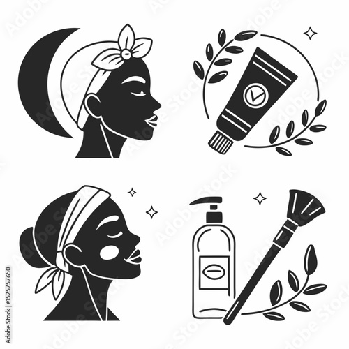 Skincare routine nighttime beauty black woman illustration